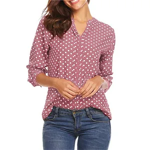 Casual women's V-neck long sleeve blouse featuring white polka dot pattern on mauve fabric