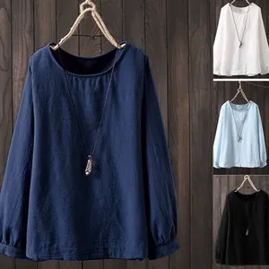 Camicetta da Donna in Cotone e Lino Girocollo Manica Lunga Tinta Unita Casual Retrò Camicia Top Primavera Autunno Traspirante