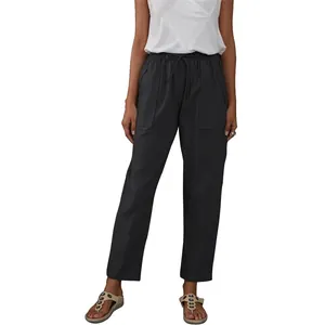 Pantalon décontracté femme en coton et lin avec cordon de serrage et grandes poches