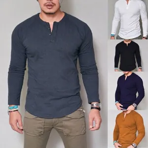 Camiseta Henley Informal de Manga Larga para Hombre Ajustada de Color Sólido de Poliéster para Primavera Otoño