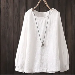 Camicetta casual bianca a maniche lunghe in cotone e lino da donna con girocollo semplice