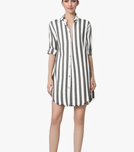 Robe chemise élégante pour femme en coton et lin à rayures verticales noires et blanches chic