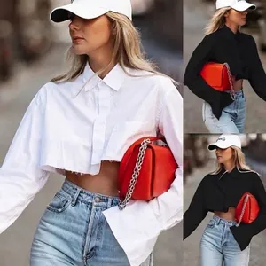 Blusa Corta para Mujer con Solapa Manga Larga Botones Dobladillo Irregular Deshilachado Color Sólido Casual Moda Diaria