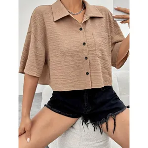 Casual brown textured cropped button-down shirt with half sleeves and front pocket detail