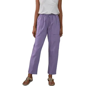 Pantalon en lin violet pour femme avec cordon de serrage et grandes poches.