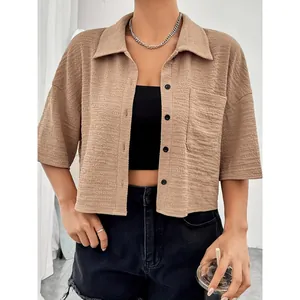 Western style khaki cropped mid-sleeve button-down shirt for women with front pocket