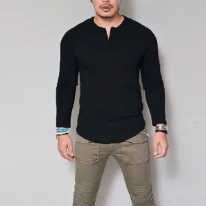 Men's casual black cotton Henley long-sleeve T-shirt with button neckline detail