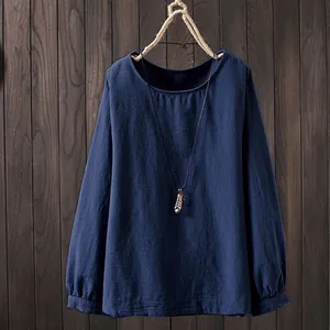 Blouse décontractée pour femme en coton et lin bleu foncé à manches longues et col rond