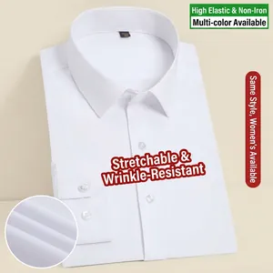Men Business Formal Long Sleeve Dress Shirt Slim Fit Non-Iron Stretch Comfortable Office Interview Solid Color Shirt