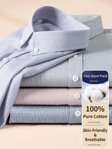Camicia da Uomo in 100% Cotone a Quadri Manica Lunga Smart Casual Antipiega Tinto in Filo Plaid Colletto Button-Down Traspirante