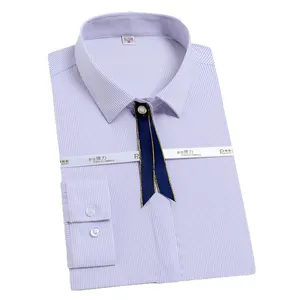 Professional lavender striped long-sleeve bamboo fiber dress shirt for women with navy tie