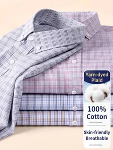 Camicie a quadri a maniche lunghe da uomo in 100% cotone, senza stiro e traspiranti