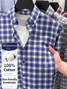 Camicia a quadretti da uomo in 100% cotone, senza stiro, colore blu e bianco
