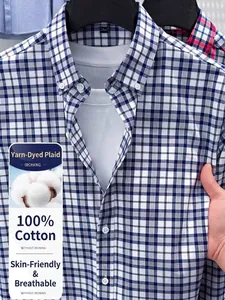 Camicia casual da uomo in 100% cotone a quadri blu e bianchi con maniche lunghe e bottoni