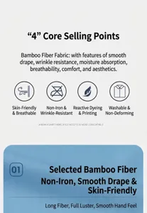 Detailed description of bamboo fiber shirt features including wrinkle resistance and breathability.