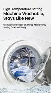 Close-up of a light blue bamboo fiber shirt in a washing machine, showing machine washability.