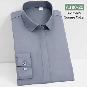 Elegant blue-grey stretch long-sleeved women's business shirt with square collar