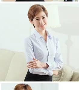 Vue détaillée d'une chemise professionnelle cintrée à rayures bleu clair pour femmes.