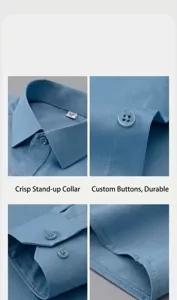 Detail shots of blue bamboo fiber shirt showing collar, buttons, and cuff craftsmanship.