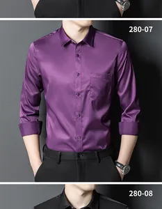 Detailed view of slim fit non-iron purple men's business casual long sleeve shirt.