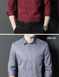 Detailed views of burgundy and grey men's slim fit non-iron business casual dress shirts