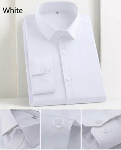 Detailed macro views showing collar, buttons and cuffs of white bamboo fiber stretch shirt.