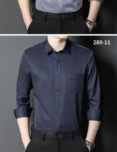 Front view of a slim-fit navy blue long-sleeved business casual shirt for men.