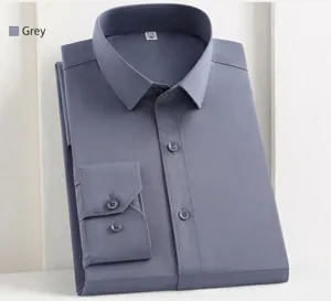 Detail view of a gray bamboo fiber men's business dress shirt with non-iron fabric
