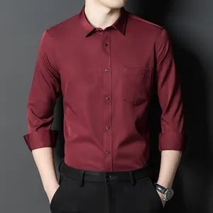Men Business Casual Long Sleeve Shirt Slim Fit Non-Iron Elastic Woven Polyester Formal Dress Shirt With Pocket For Men