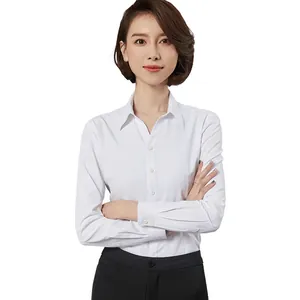 Women's professional white long-sleeve button-down shirt with slim fit V-neck design