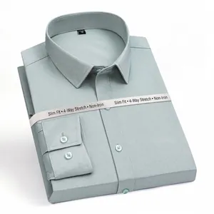 Professional men's sage green slim fit non-iron stretch long sleeve dress shirt