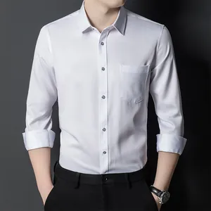 Slim-fit non-iron white long-sleeve dress shirt for men, stylish business casual wear