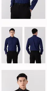 Detailed multi-angle views of a men's navy blue stretch non-iron business dress shirt