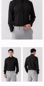 Detailed view of men's black business shirt showing front, back, and torso fit