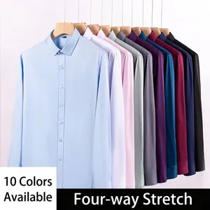 Men Business Formal Long Sleeve Shirt High Stretch Non-Iron Slim Fit Solid Color Professional Dress Shirt For Office Interview Work Top