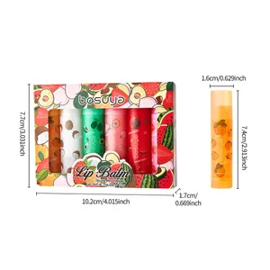 6-piece fruit flavored lip balm gift set with detailed product dimension measurements