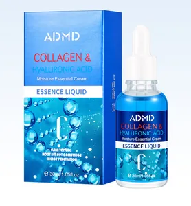 Detailed view of 30ml Collagen & Hyaluronic Acid essence bottle and blue outer box.