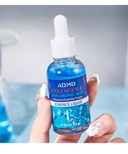 Close-up of collagen and hyaluronic acid essence liquid in a blue dropper bottle
