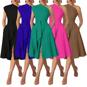 Women Summer One-Shoulder Flared Midi Dress Elegant Solid Color Sleeveless Belted A-Line Party Dress Sexy Club Wear