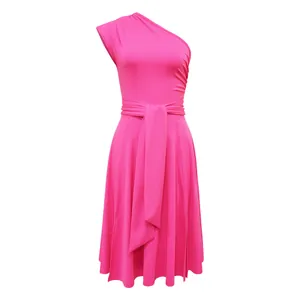 Elegant bright pink one-shoulder flared dress with tie-waist detail for summer fashion.
