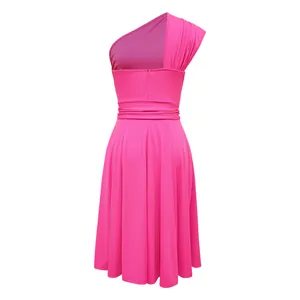 Detailed back view of a vibrant hot pink one-shoulder flared midi dress with cinched waist.