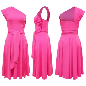 Detailed views of a vibrant pink one-shoulder midi dress featuring a waist tie detail.