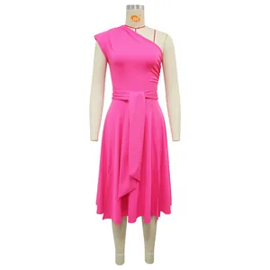 Detailed view of an elegant fuchsia one-shoulder dress featuring a waist-tie design