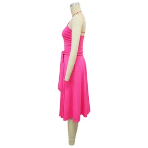 Side view of a vibrant pink sleeveless midi dress with a flared waist-tie skirt