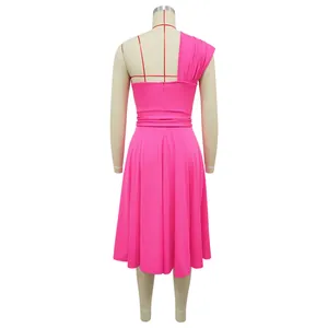 Back view of elegant pink one-shoulder midi dress featuring pleated shoulder detail.