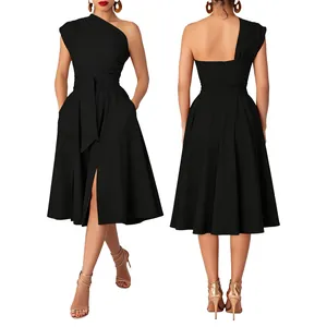 Front and back detail view of an elegant black one-shoulder midi dress with waist tie.