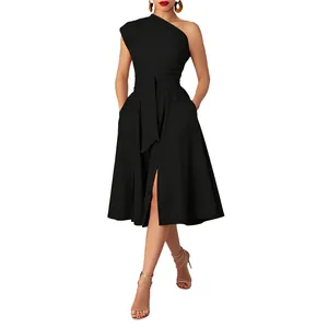 Full front view of an elegant black one-shoulder dress with a waist-cinching belt