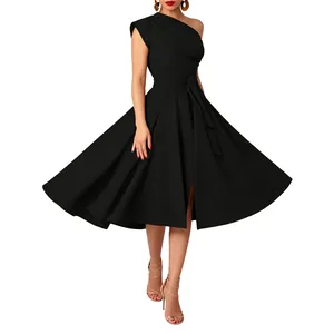 Elegant black one-shoulder midi dress with cinched waist and flared swing skirt
