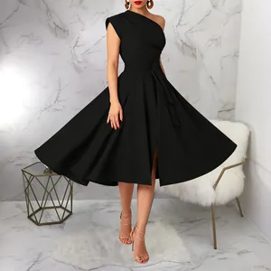 Elegant black one-shoulder sleeveless cocktail dress with waist tie and flared midi skirt