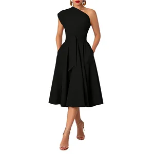 Full body view of elegant black one-shoulder dress with belted waist and flared A-line skirt